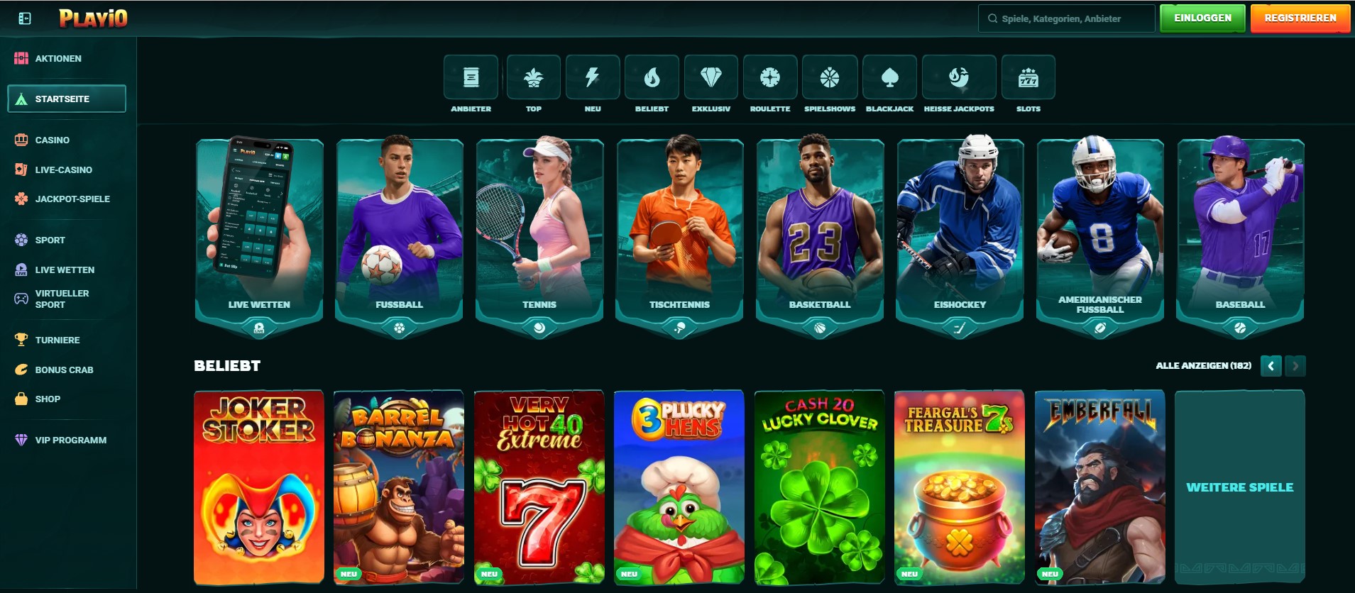 Casino-Website mit einer Vielzahl an Live-Casino-Spielen, darunter Gold Saloon Roulette, Crazy Time und Mega Fire Blaze Roulette Live. Die übersichtliche Navigation bietet Kategorien wie Casino, Live Casino, Jackpots und Sportwetten. Perfekt für Spieler, die crypto casinos und bitcoin casinos suchen.